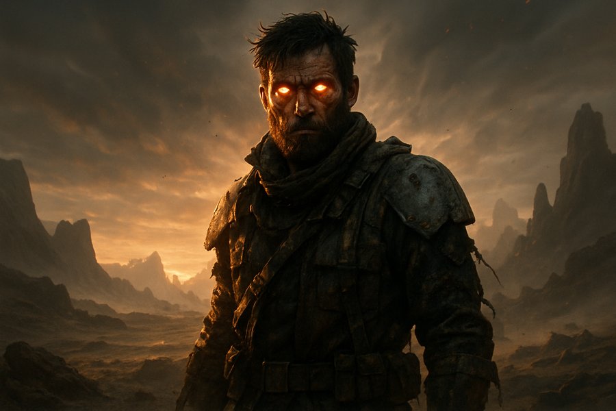 Riddick staring ominously in a dimly lit scene