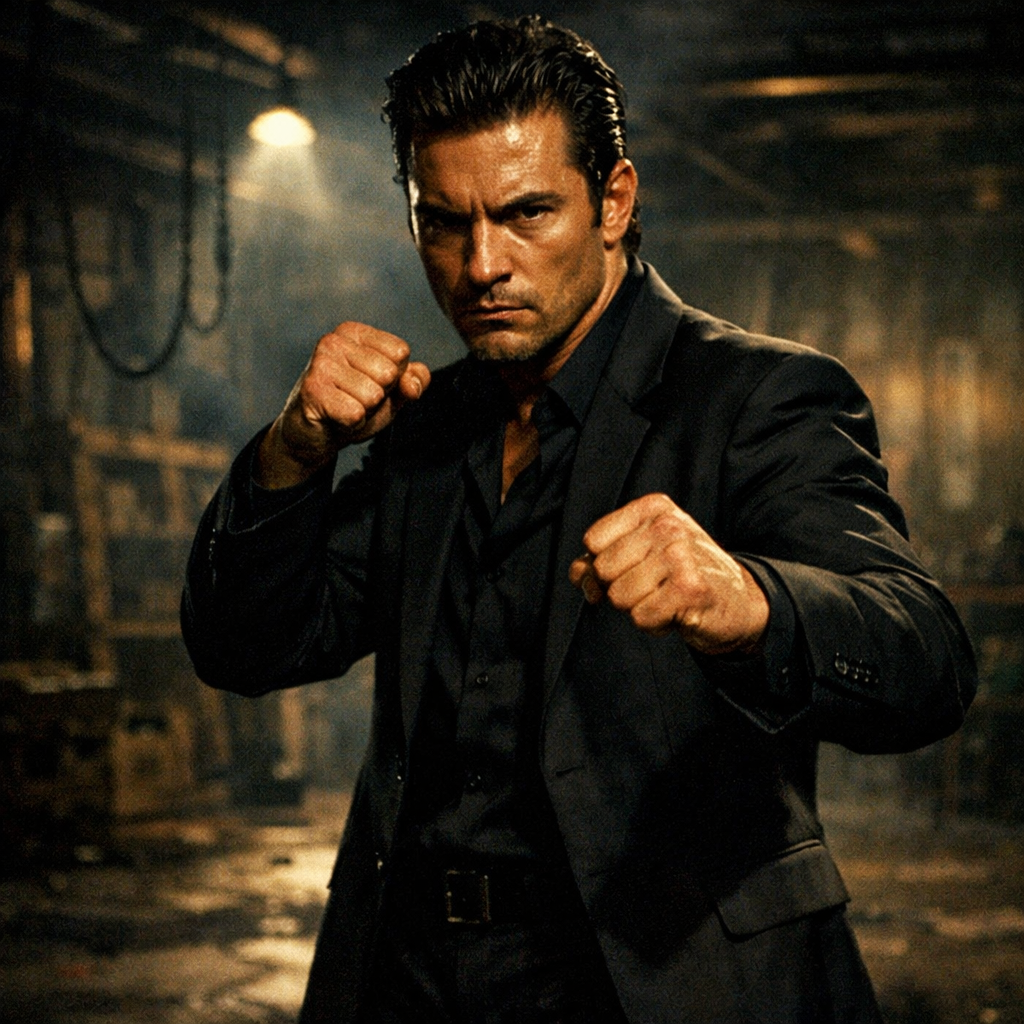 Intense martial arts fighter in a dark suit standing menacingly in dim lighting