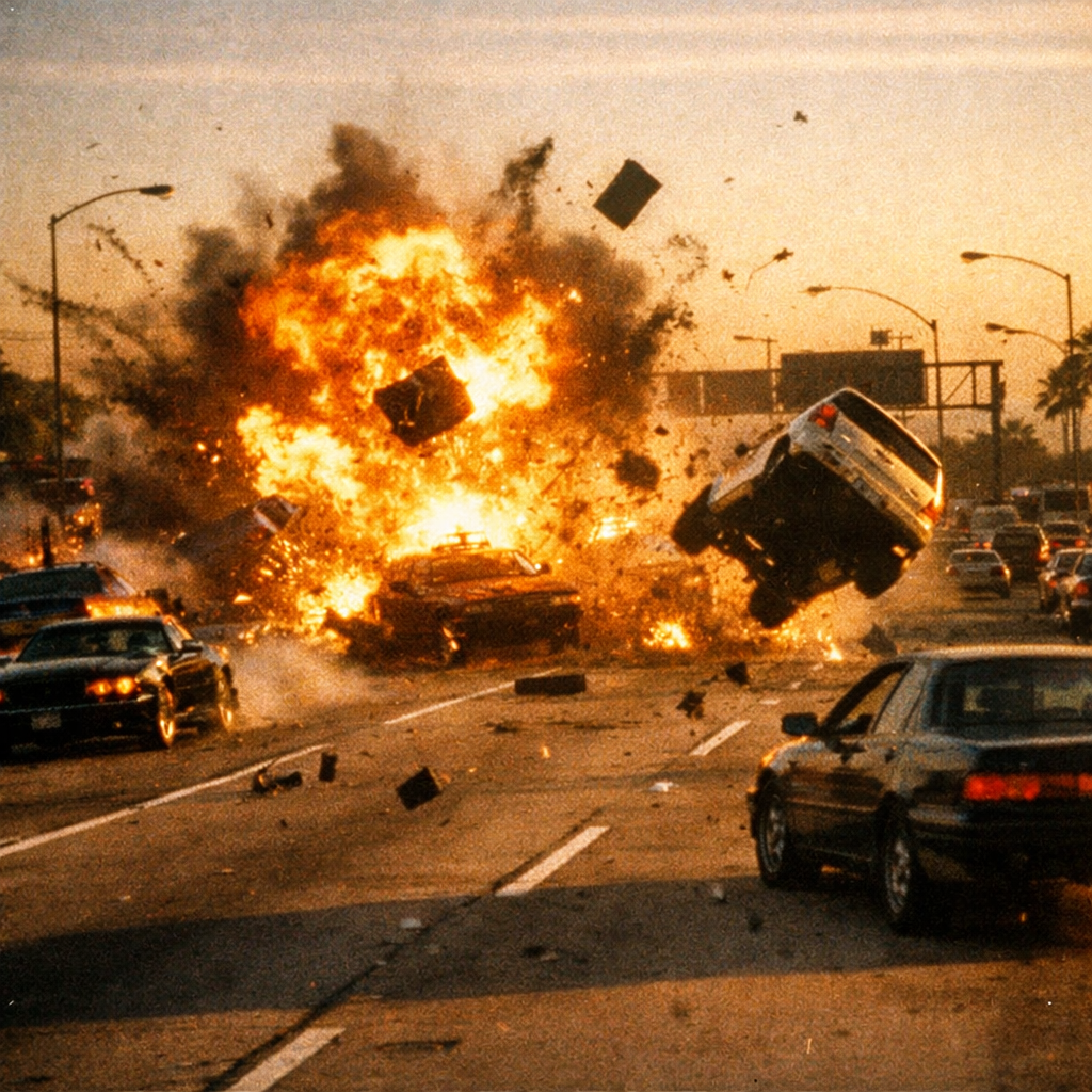 Explosive car chase scene on a crowded highway with fireballs and debris