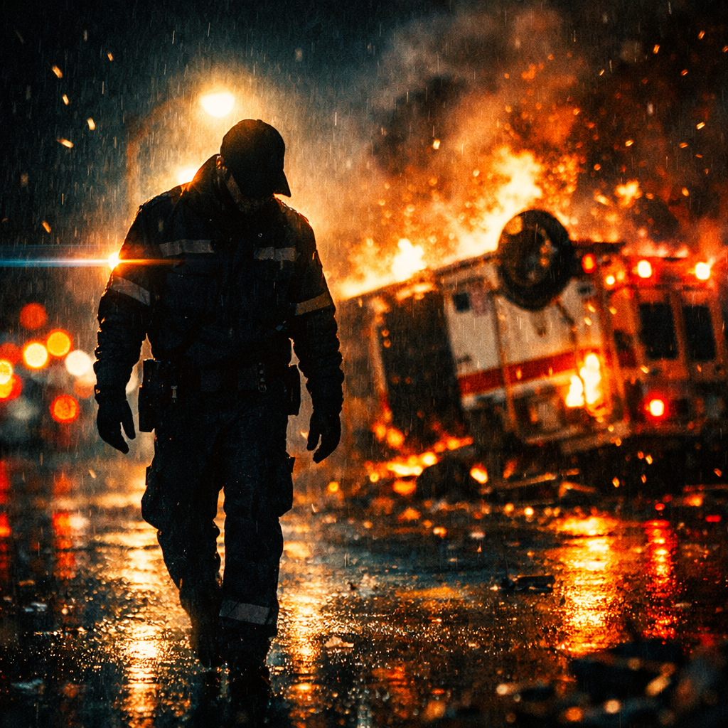 A solitary anonymous figure in generic paramedic-style attire walks away from a burning overturned ambulance on a rain-slicked city street at night, captured in slow-motion cinematic style. Sparks and debris drift through the air, a street lamp backlights the figure creating a halo rim light, the figure's face is turned down and obscured by shadow. Deep teal-and-orange color grade, anamorphic lens flare stretching across the frame, heavy film grain, shallow depth of field. Background fully blurred into a bokeh of brake lights and shattered glass