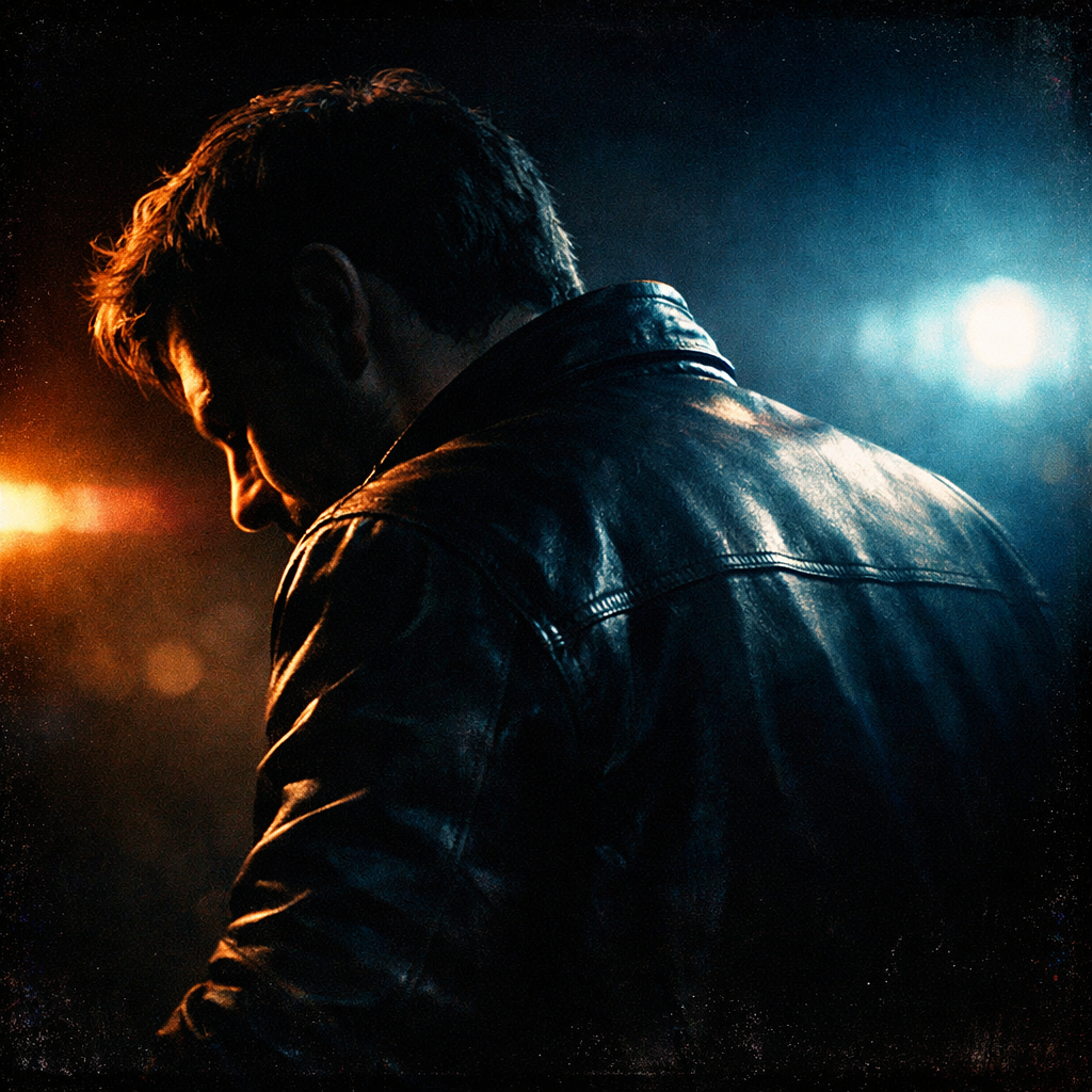 A generic anonymous lead-performer archetype in a cinematic poster-style pose, shown from the shoulders up in profile or three-quarter back view so no specific face is identifiable. The figure wears a simple dark leather jacket over a plain shirt, leaning slightly forward as if mid-monologue. Strong teal-and-orange three-point lighting, key light from camera-left creating a dramatic shadow across half the face, rim light separating the figure from the deep black background. Heavy film grain, subtle chromatic aberration at the edges, moody atmosphere suggesting a star visibly regretting their career choices. No recognizable likeness, no brand logos, no text